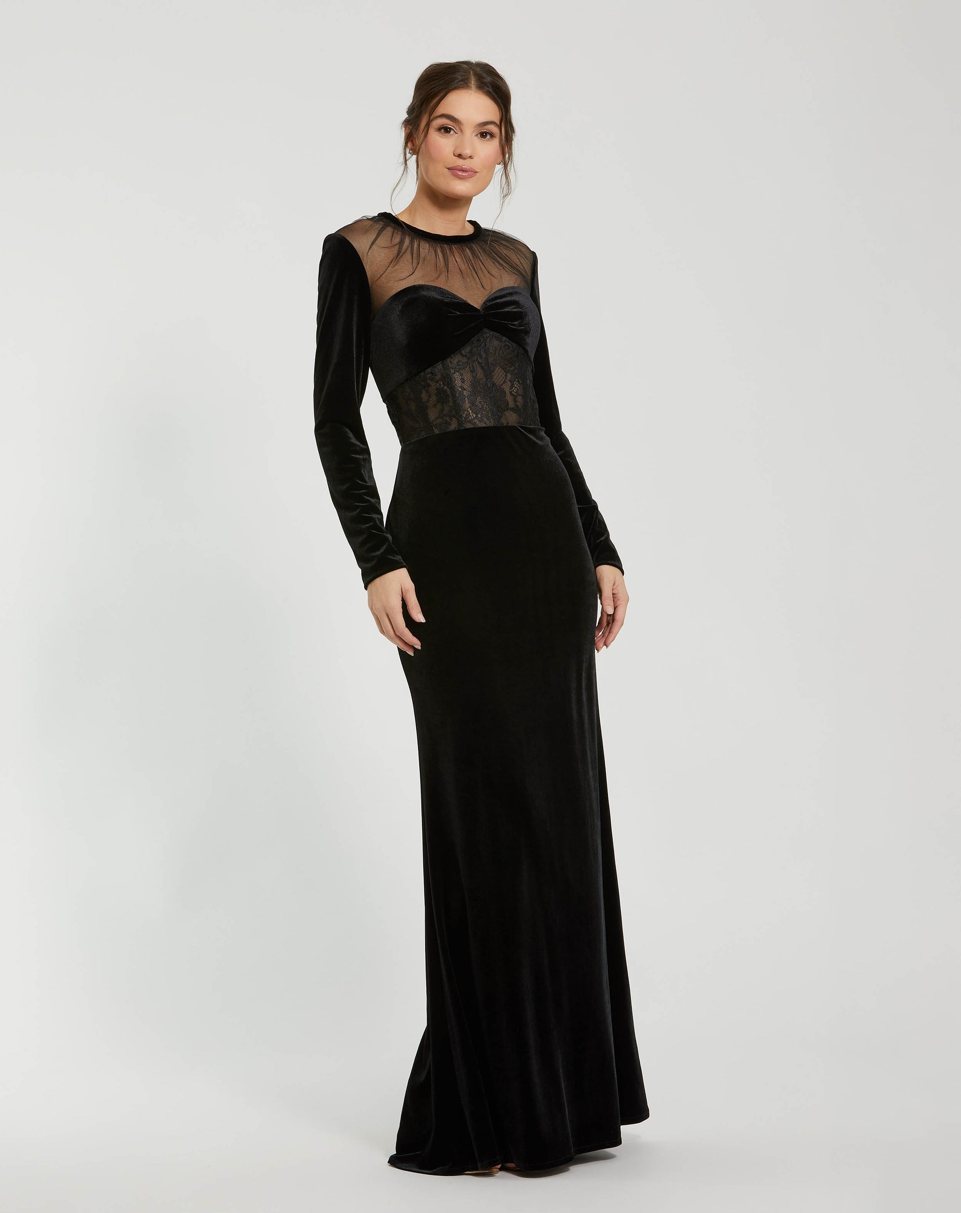 Mac Duggal #20741 Long Sleeve Sheer Top Lace Bustier Gown - Black