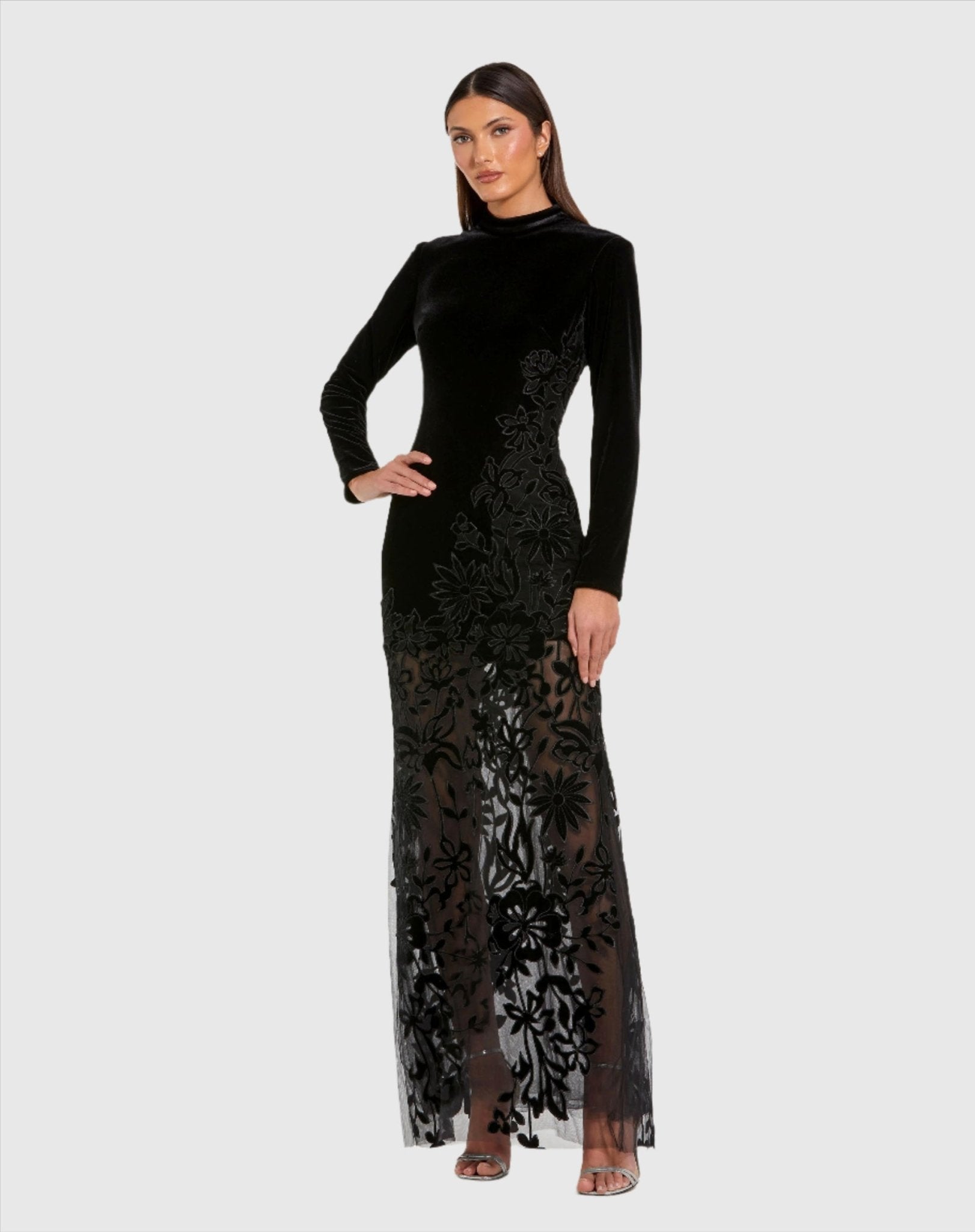 Mac Duggal #20756 Black Long Sleeve Sheer Floral Embroidered – Shaide Boutique
