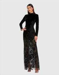 Mac Duggal #20756 Long Sleeve Sheer Floral Embroidered Velvet Gown - Black