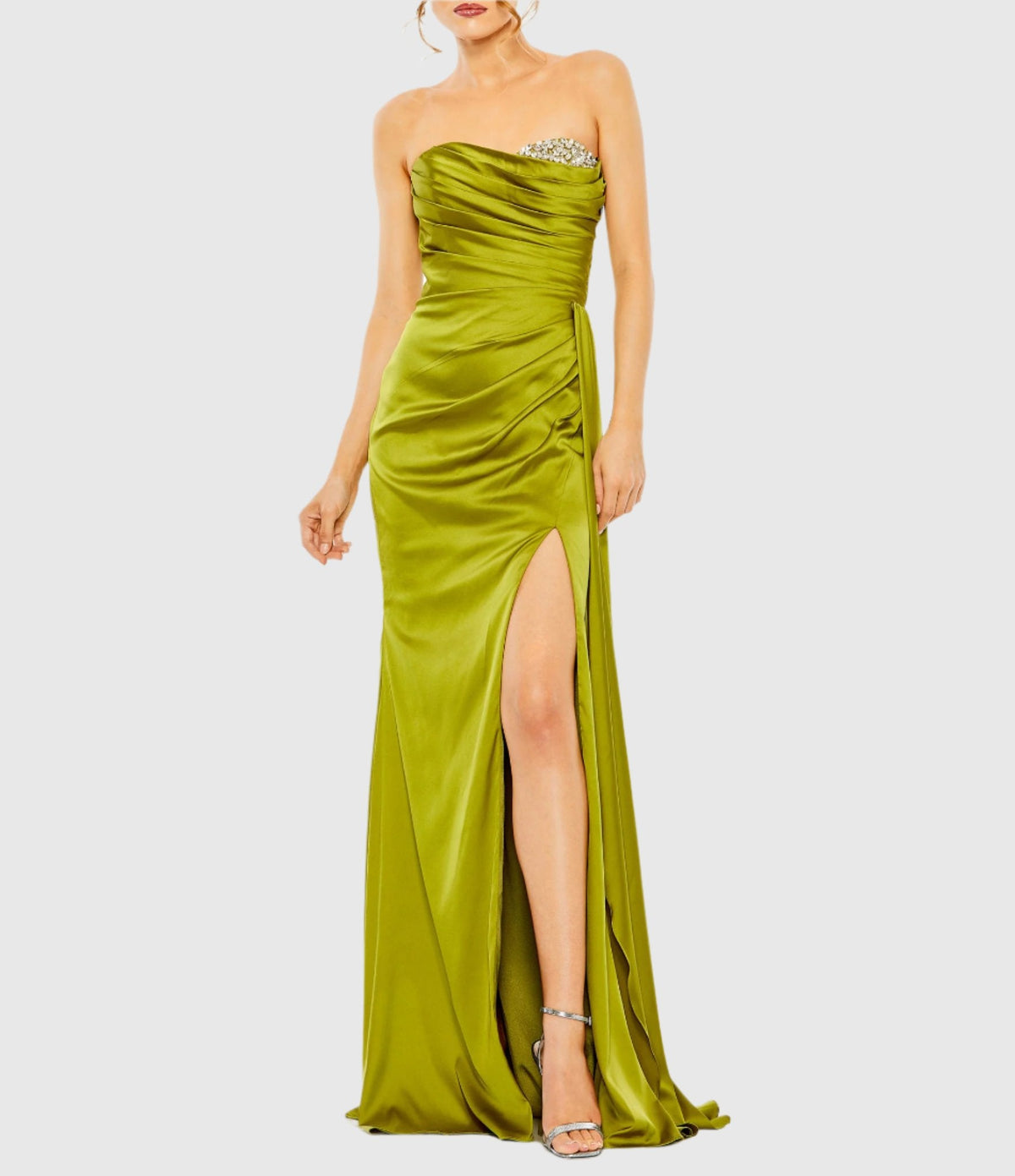 Mac Duggal #2211 Strapless Embellished Sweetheart Neckline Satin Gown - Apple Green