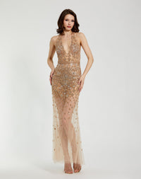 Mac Duggal #2241 Halter Top Heavily Embellished Sheer Gown - Nude Silver 
