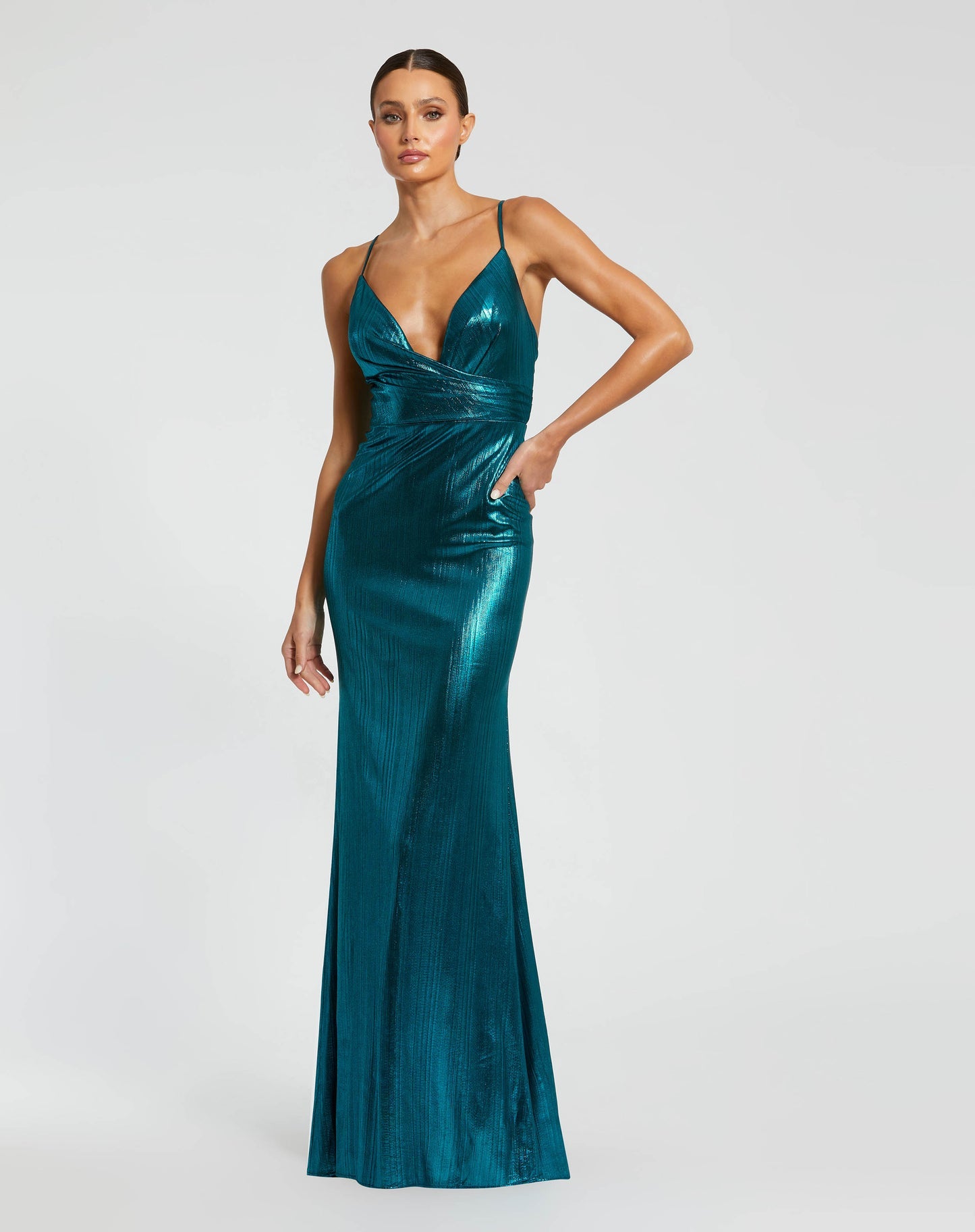 Mac Duggal 26408 Metallic Faux Wrap Spaghetti Strap Gown Teal 10 Off Your First Order Shaide Shop Women s Evening Dresses Online SHAIDE BOUTIQUE