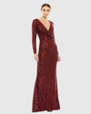 Mac Duggal #26574 Sequined Faux Wrap Long Sleeve Column Gown - Wine