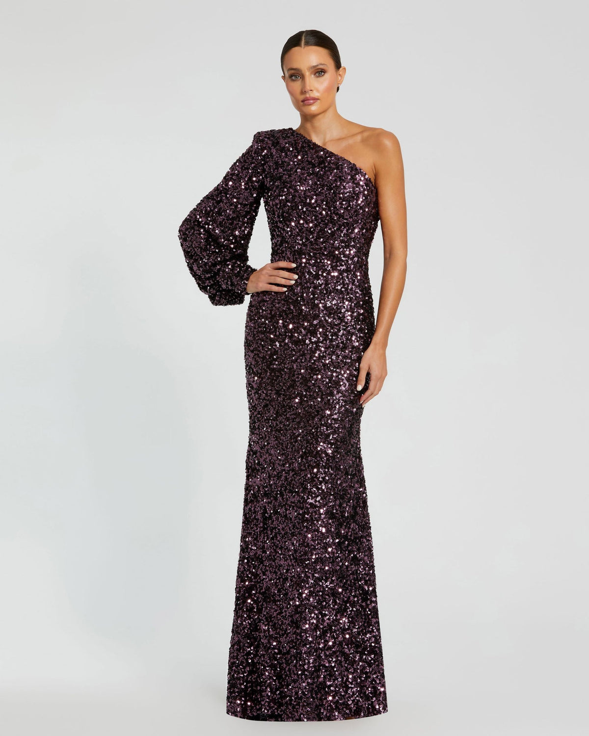 Mac Duggal #26717 Sequined One Shoulder Bishop Sleeve Trumpet Gown - Aubergine