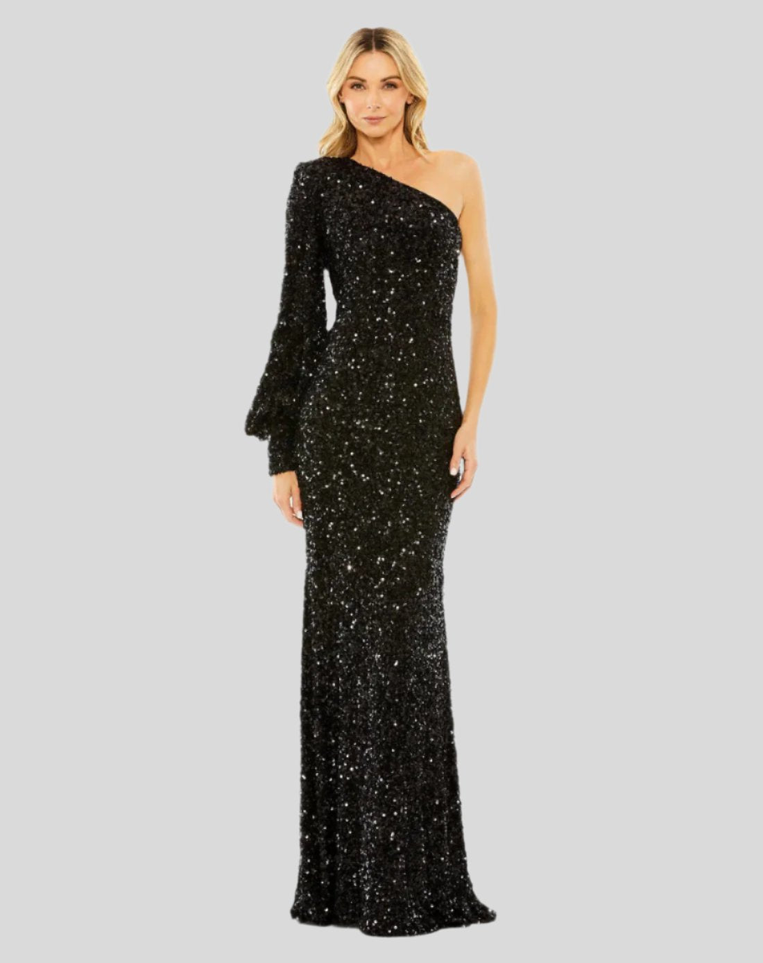 Mac Duggal #26717 Sequined One Shoulder Bishop Sleeve Trumpet Gown - Black