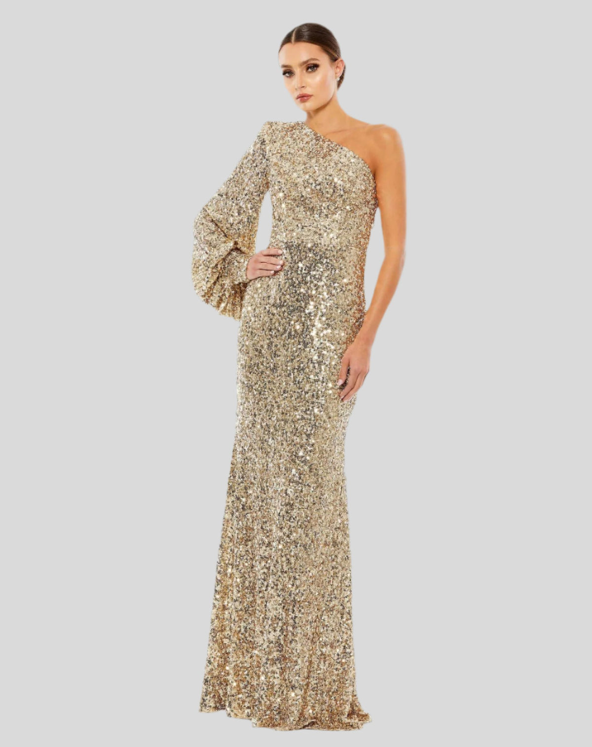 Mac Duggal #26717 Sequined One Shoulder Bishop Sleeve Trumpet Gown - Gold