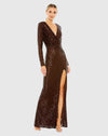 Mac Duggal #26723 Sequined Long Sleeve Faux Wrap Ruched Gown - Chocolate
