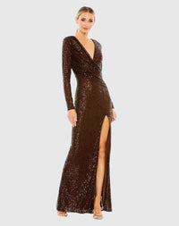 Mac Duggal #26723 Sequined Long Sleeve Faux Wrap Ruched Gown - Chocolate