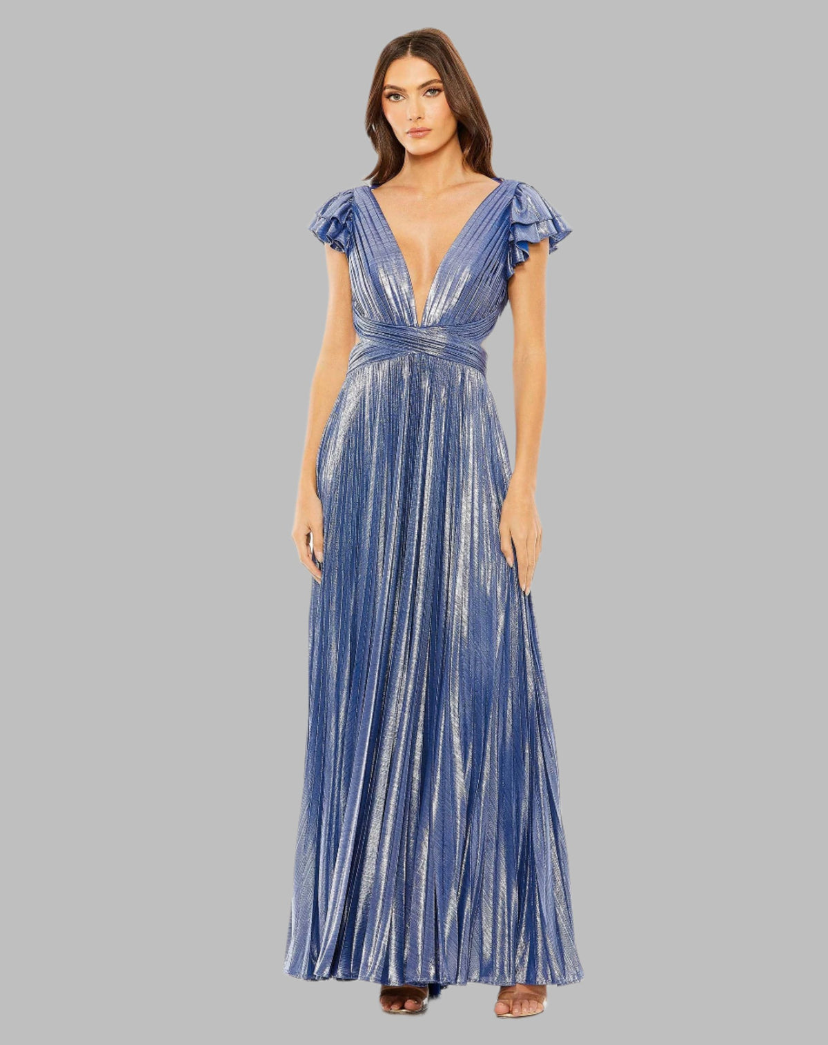 Mac Duggal #27166 Ruffle Sleeve Cutout Pleated Metallic Gown