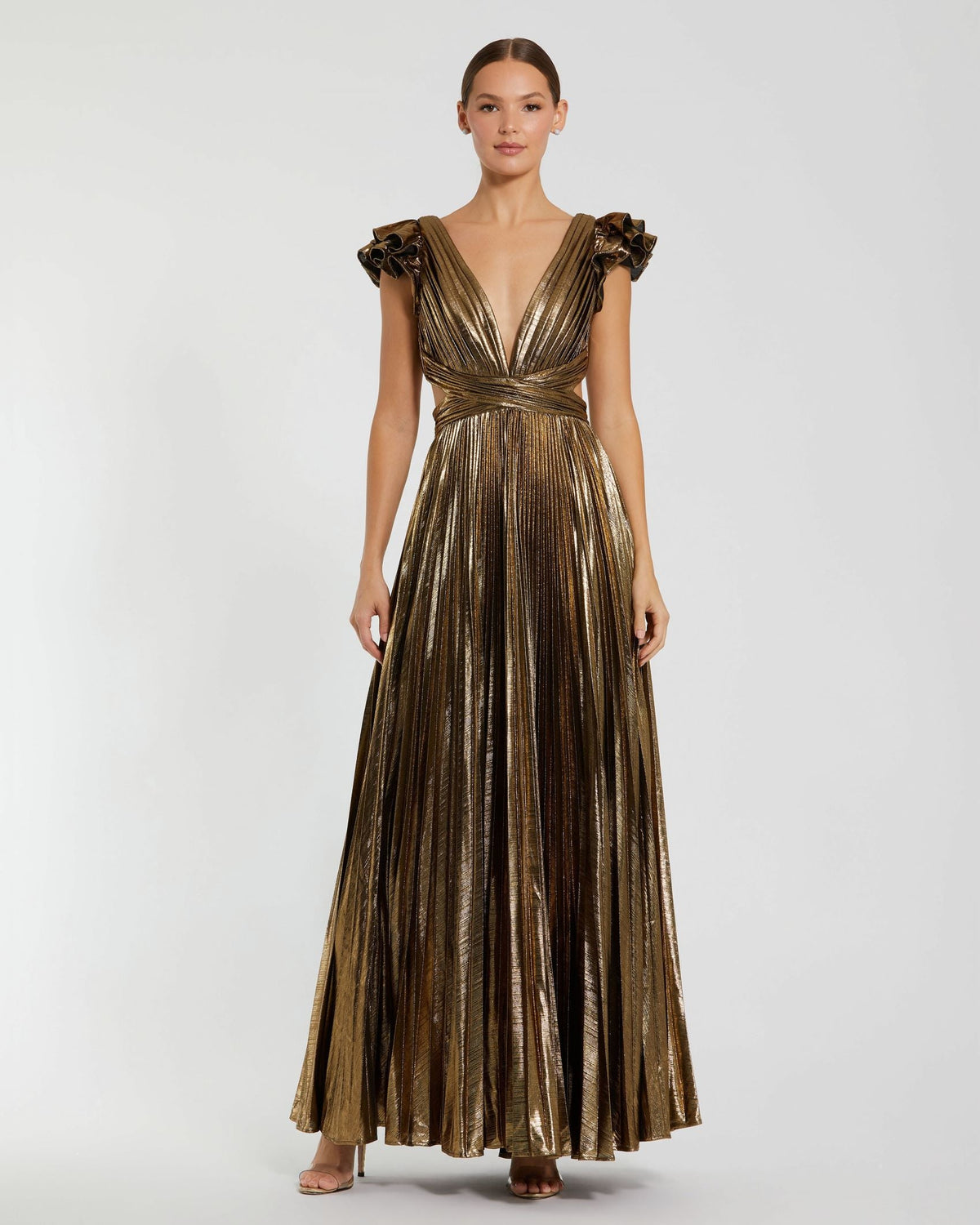 Mac Duggal #27166 Ruffle Sleeve Cutout Pleated Metallic Gown Gold