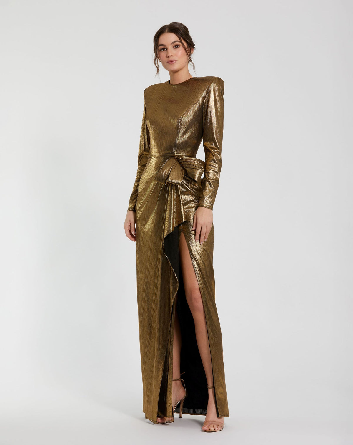 Mac Duggal #27206 Metallic Jersey Long Sleeve Gown With Bow - Gold Shaide Boutique Mac Duggal #27206 Metallic Jersey Long Sleeve Gown With Bow - Gold Shaide Boutique