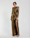 Mac Duggal #27206 Metallic Jersey Long Sleeve Gown With Bow - Gold
