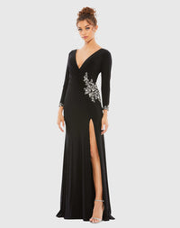 Mac Duggal #41016 Floral Embellished Faux Wrap Jersey Gown - Black