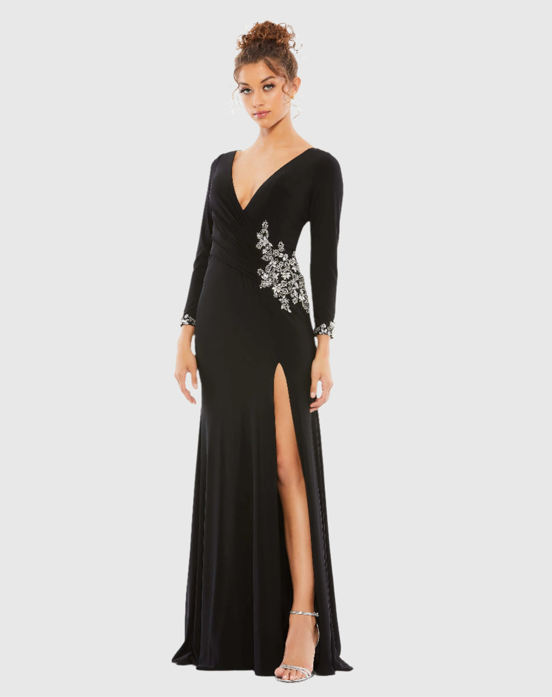 Mac Duggal #41016 Floral Embellished Faux Wrap Jersey Gown - Black