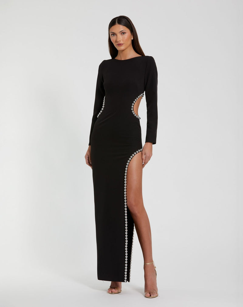 Mac Duggal #44049 Crepe Long Sleeve Gown With Beaded Cut Outs Black