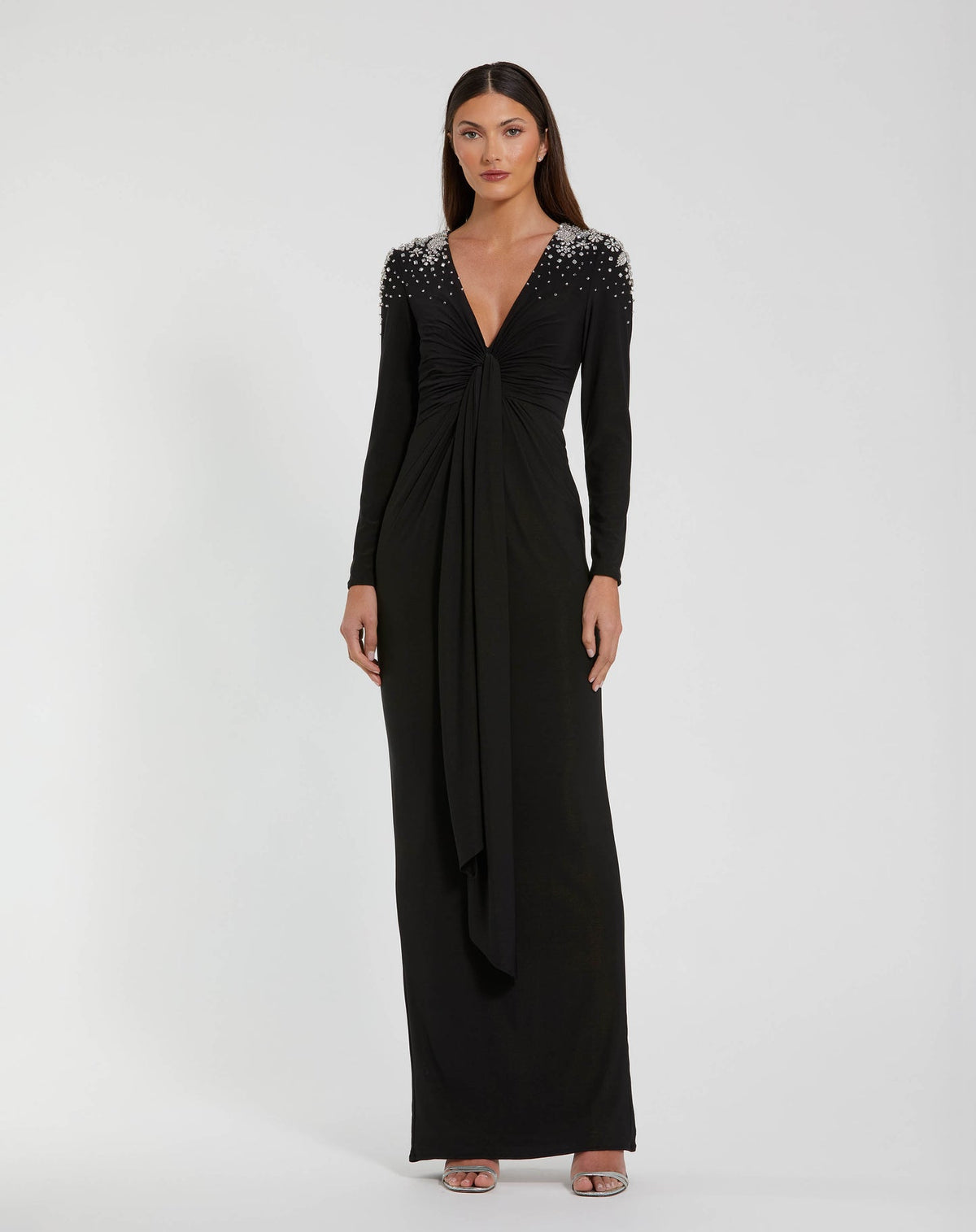 Mac Duggal #44063 Jersey V Neck Faux Knot Gown With Beaded Shoulders - Black