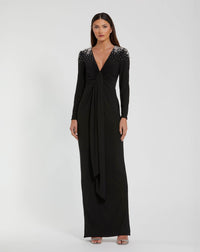 Mac Duggal #44063 Jersey V Neck Faux Knot Gown With Beaded Shoulders - Black