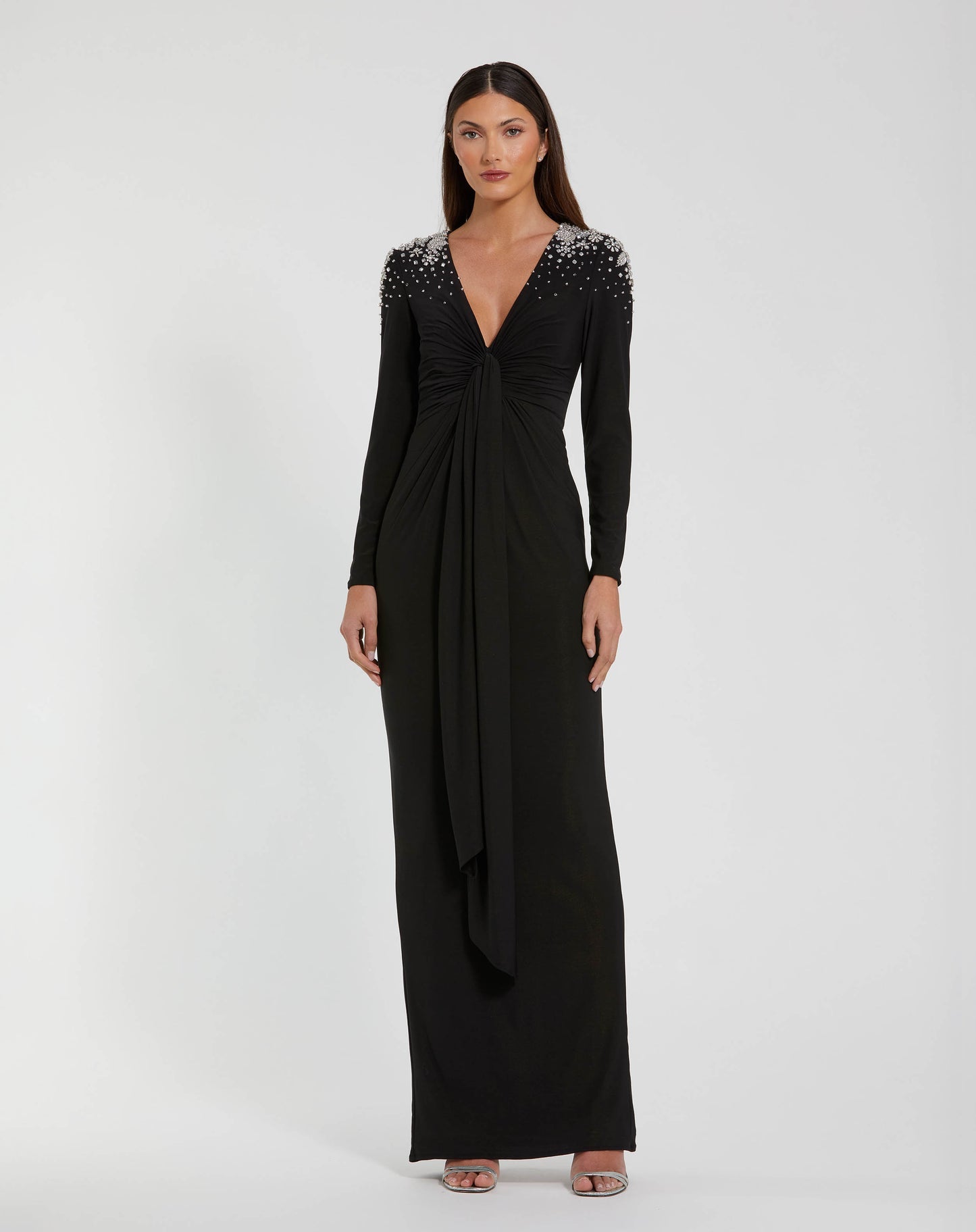 Mac Duggal #44063 Jersey V Neck Faux Knot Gown With Beaded Shoulders - Black