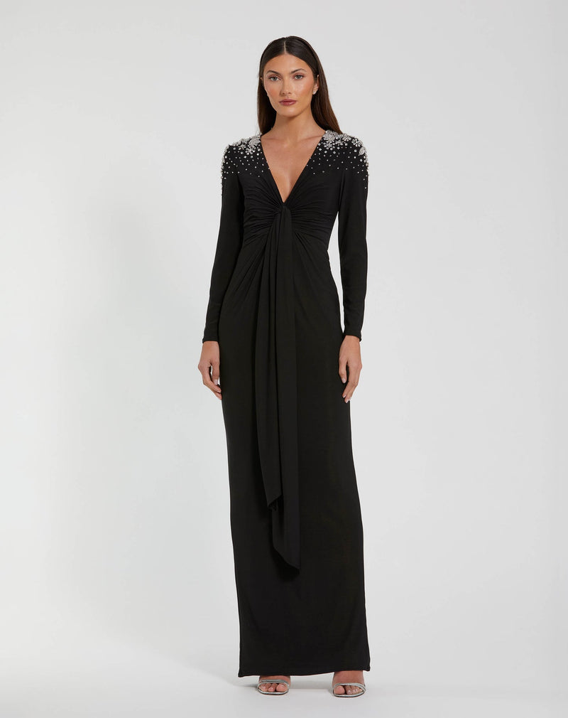 Mac Duggal #44063 Jersey V Neck Faux Knot Gown With Beaded Shoulders - Black