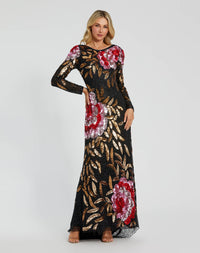 Mac Duggal #4566 Embellished Floral Long Sleeve Gown Black 