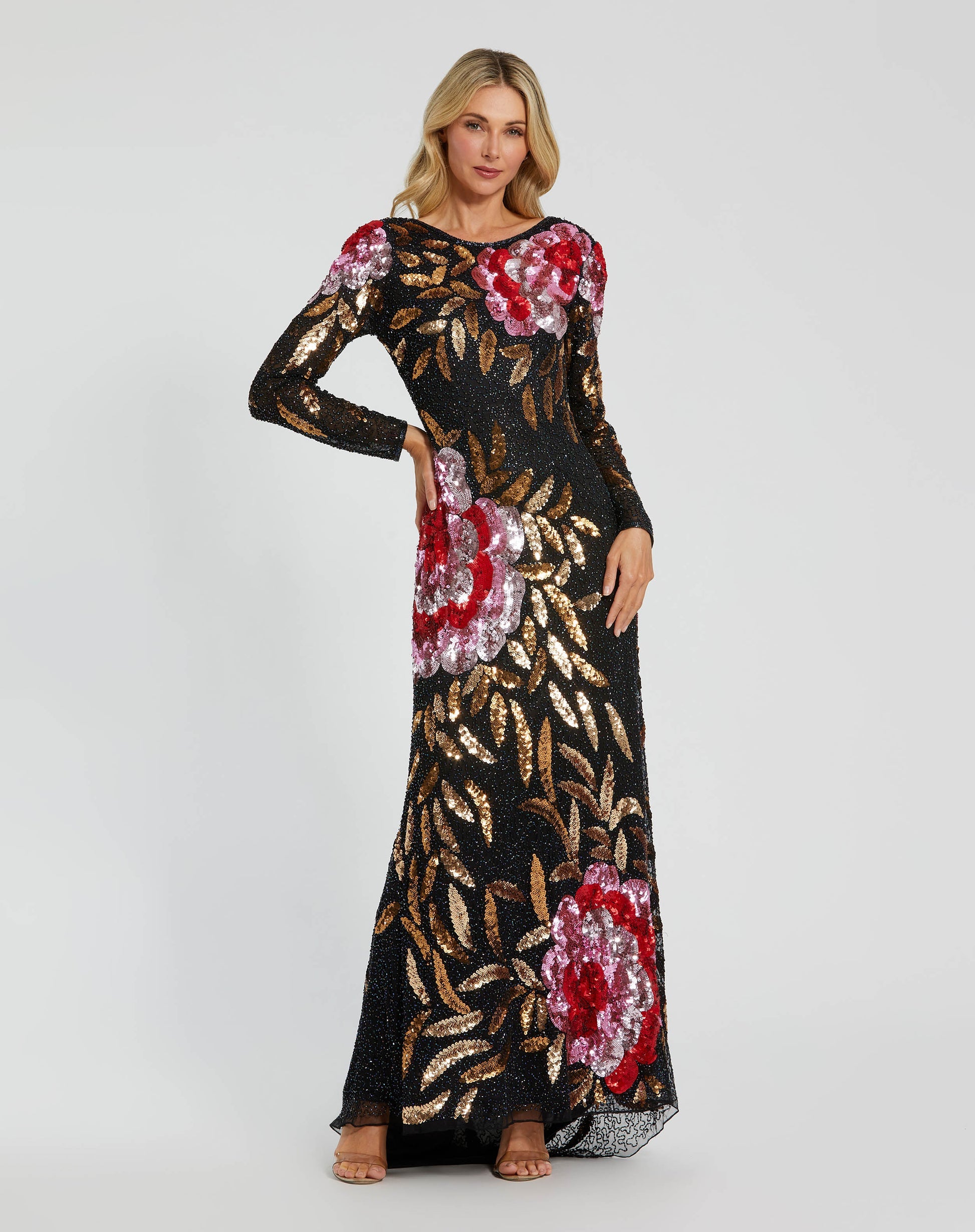Mac Duggal #4566 Embellished Floral Long Sleeve Gown Black 