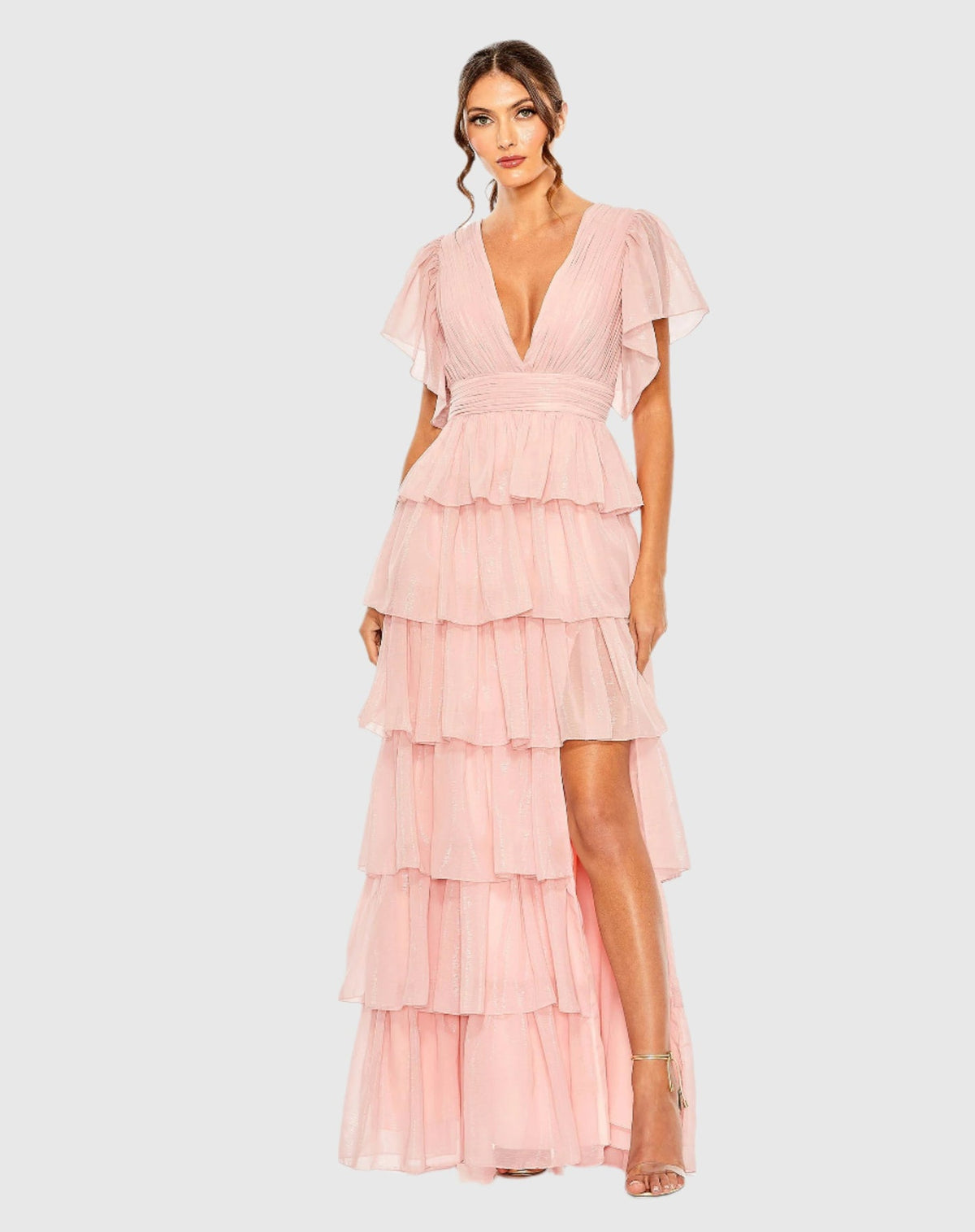 Mac Duggal #49595, Flutter Sleeve Ruffle Tiered Gown - Petal Pink