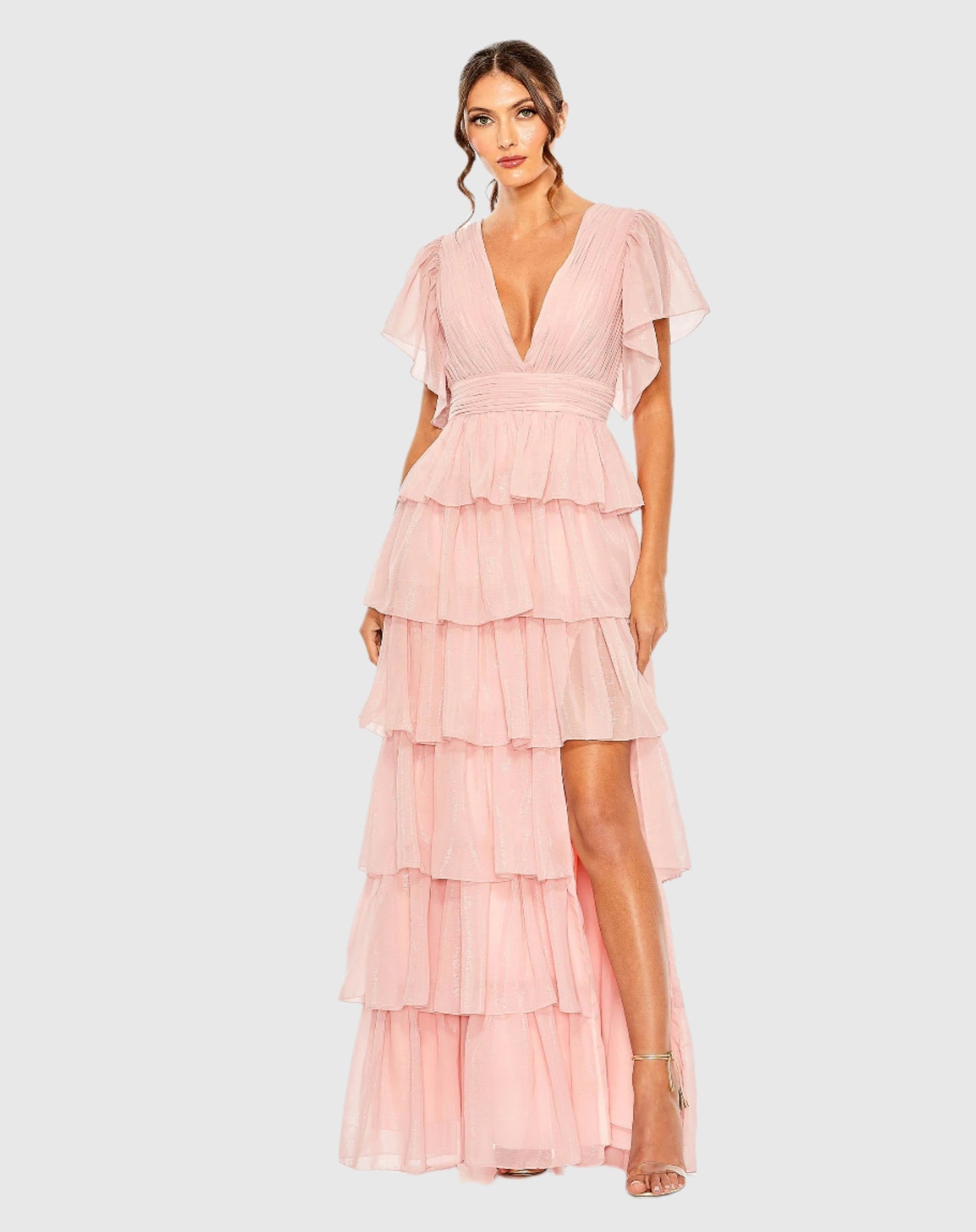 Mac Duggal #49595, Flutter Sleeve Ruffle Tiered Gown - Petal Pink