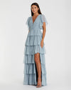 Mac Duggal #49595, Flutter Sleeve Ruffle Tiered Gown - Slate Blue
