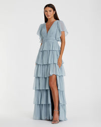 Mac Duggal #49595, Flutter Sleeve Ruffle Tiered Gown - Slate Blue