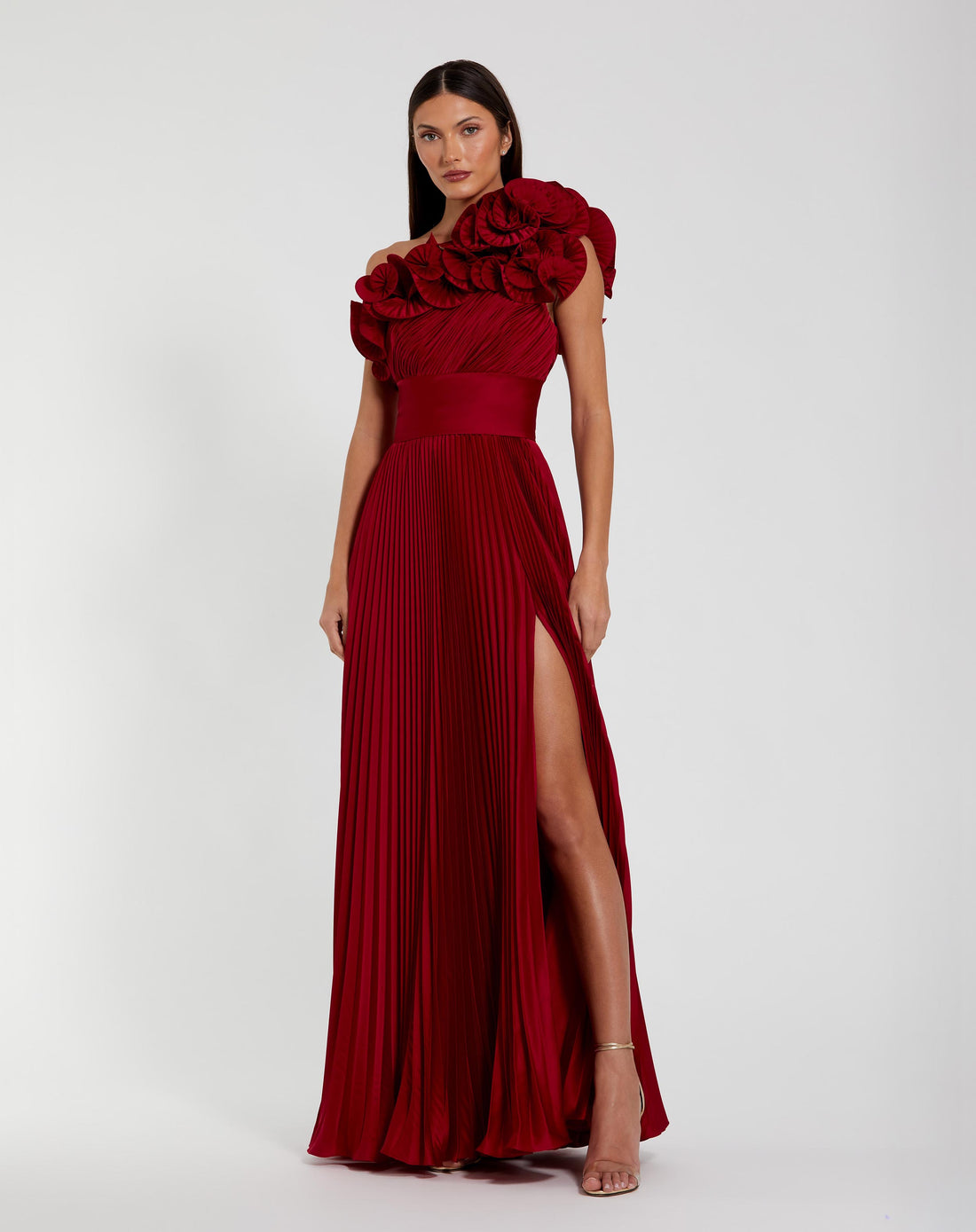 Pleated Charmeuse One Shoulder Ruffle Gown Red