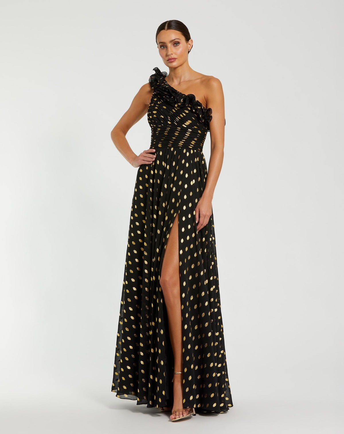 Mac Duggal #49941 One Shoulder Ruffle Chiffon Gown With Slit - Black/Gold
