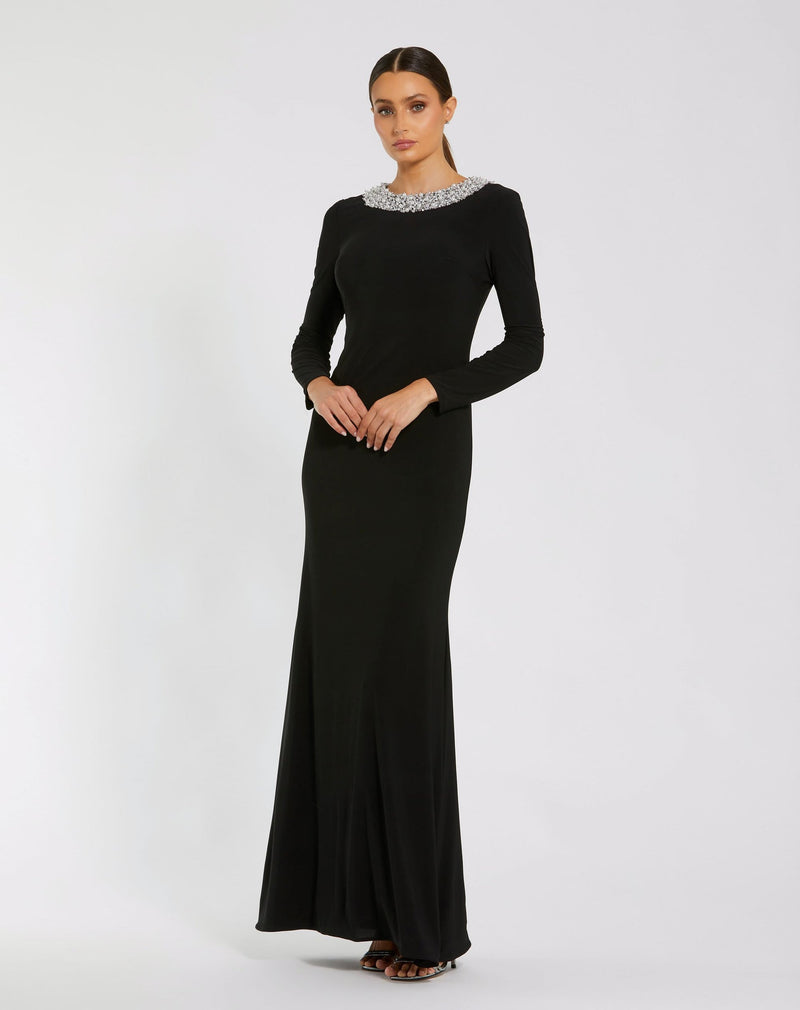 Mac Duggal #49951 Jersey Long Sleeve Fitted Gown With Beaded Neck, Black