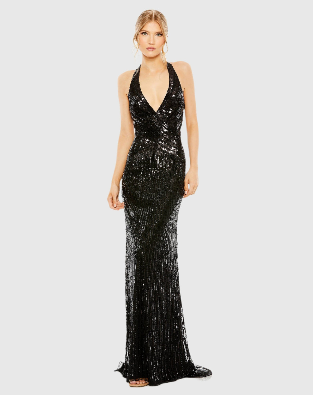 Mac Duggal #5390 Sleeveless Faux Wrap Sequin Embellished Cut Out Back Black 