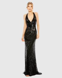 Mac Duggal #5390 Sleeveless Faux Wrap Sequin Embellished Cut Out Back Black 