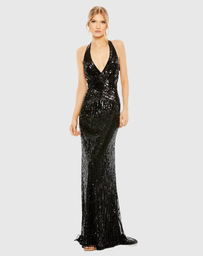 Mac Duggal #5390 Sleeveless Faux Wrap Sequin Embellished Cut Out Back Black 