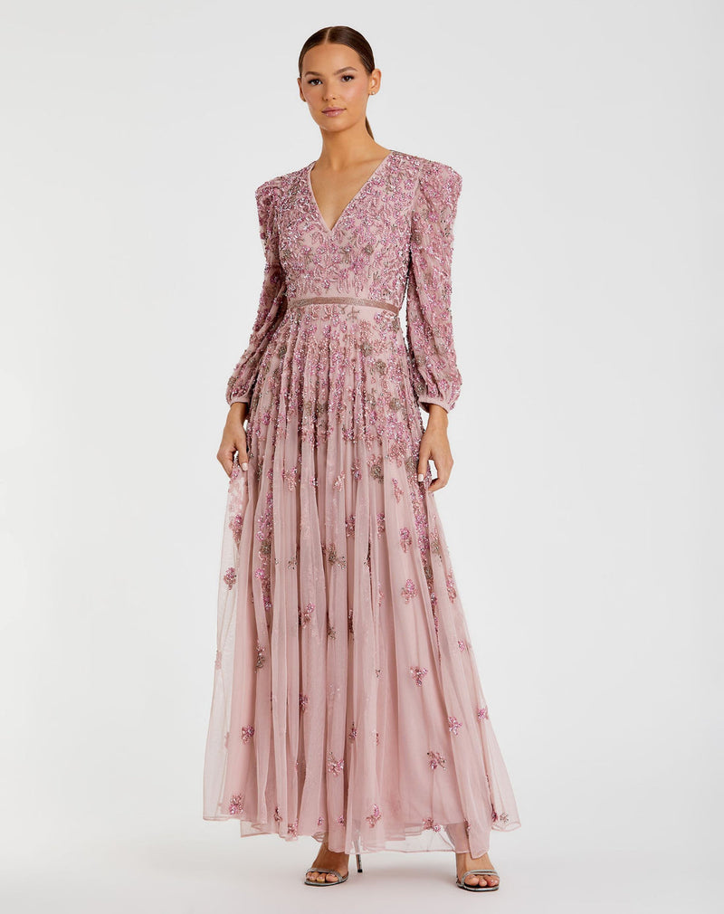 Mac Duggal #5497 Embellished Long sleeve A line gown - Rose