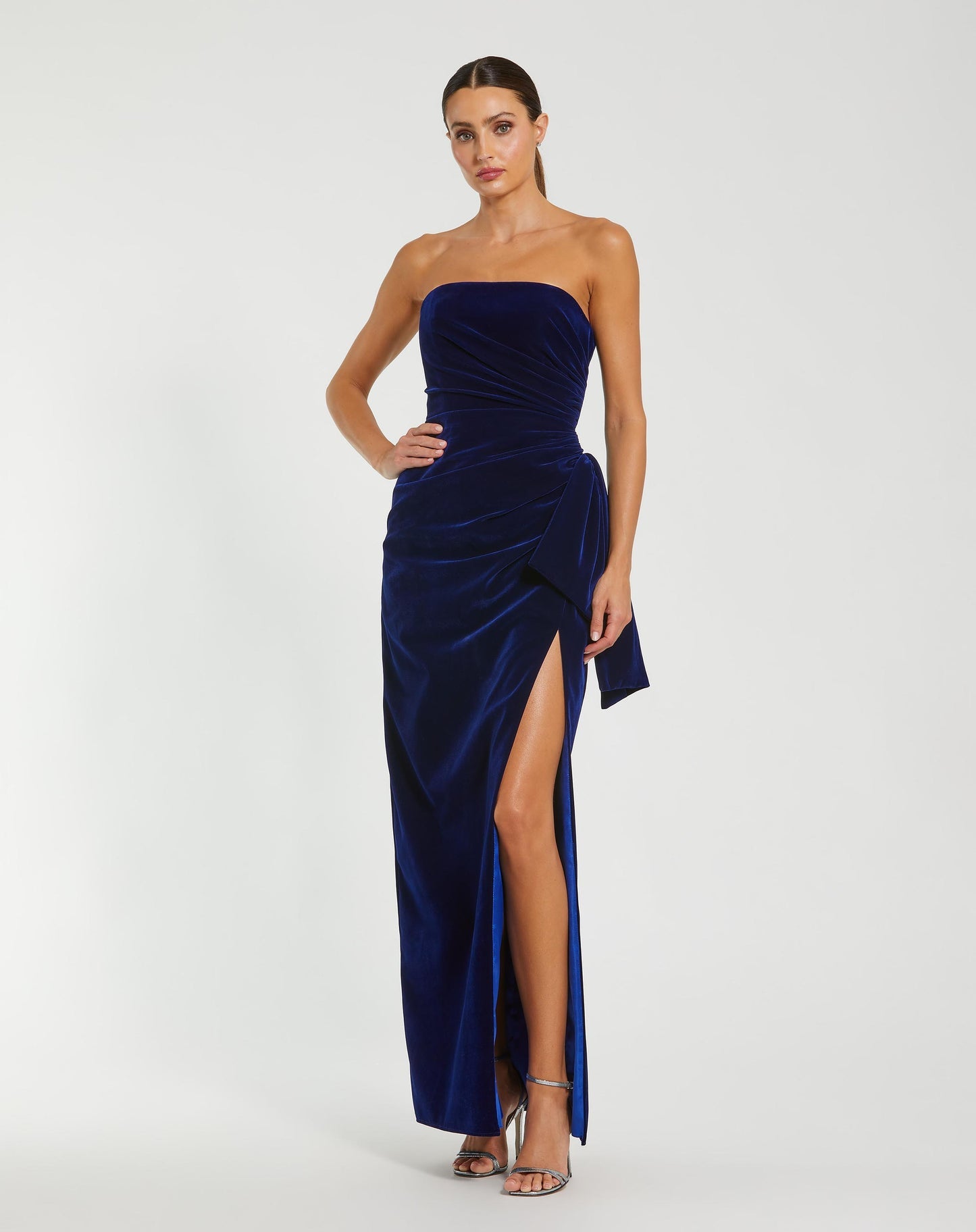 Mac Duggal 55080 Strapless High Slit Draped Velvet Gown Cobalt Shop Prom Dresses Wedding Guest Dresses and Black Tie Evening Gowns Online at SHAIDE SHAIDE BOUTIQUE