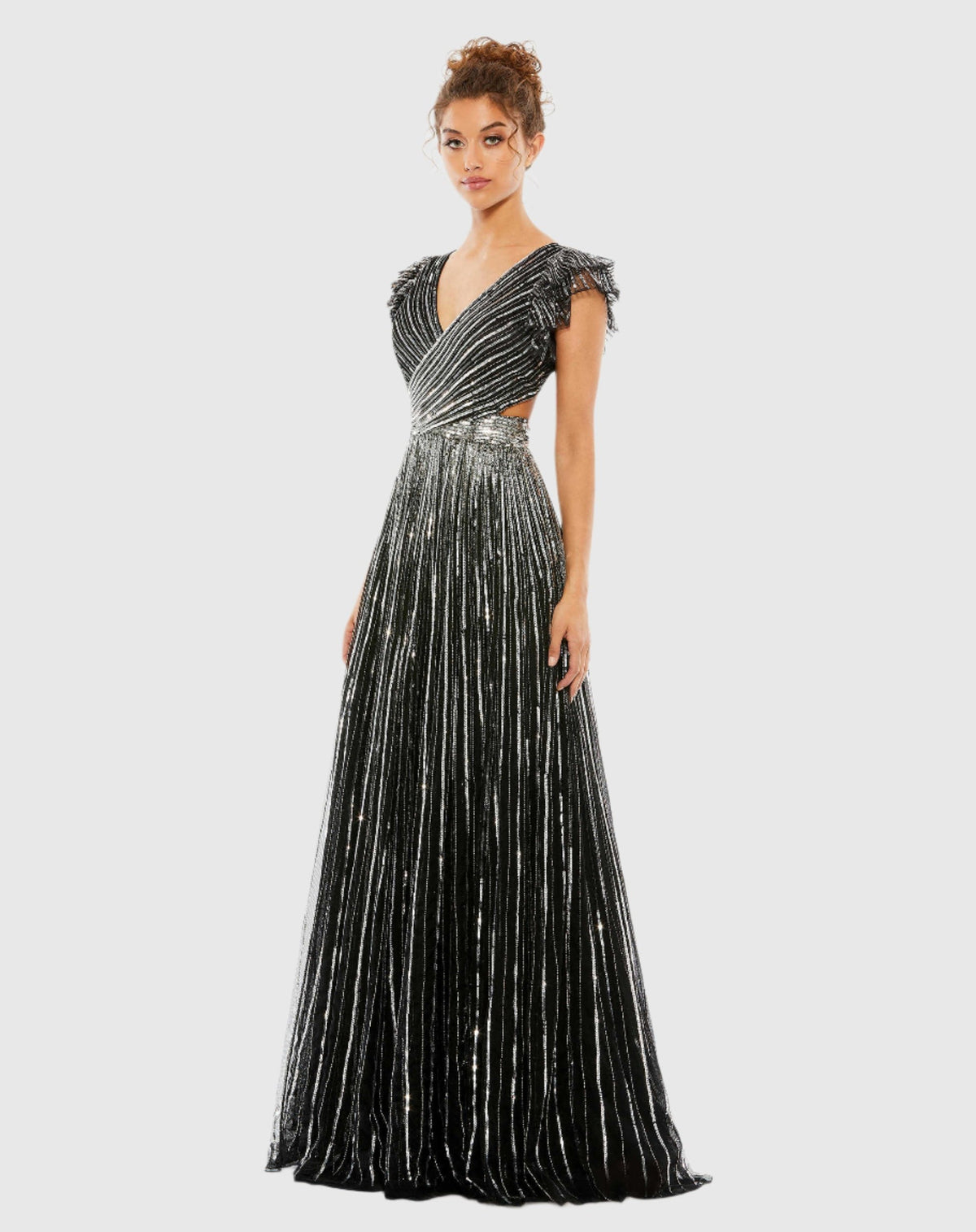 Mac Duggal #5568 Sequin Cap Sleeve Ruffle Lace Up Gown - Black