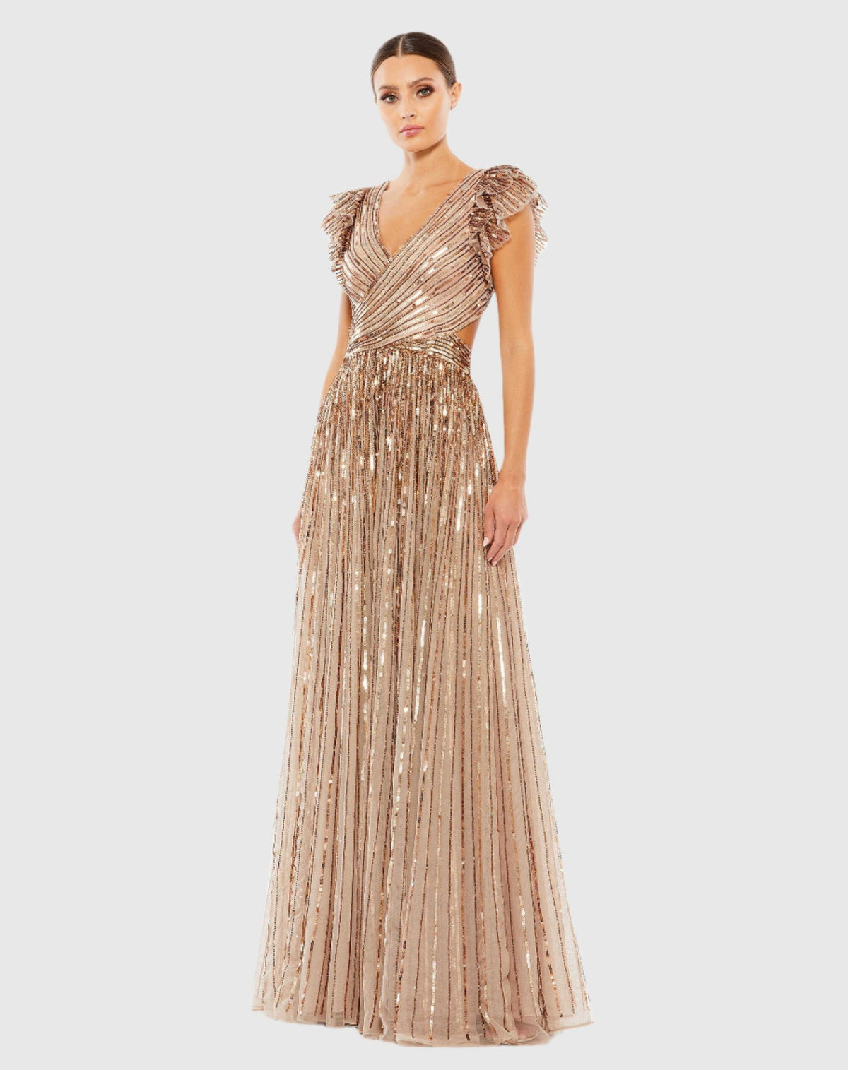 Mac Duggal #5568 Sequin Cap Sleeve Ruffle Lace Up Gown - Copper