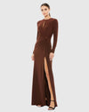 Mac Duggal #55708 Long Sleeve Keyhole Draped Gown - Chocolate Brown