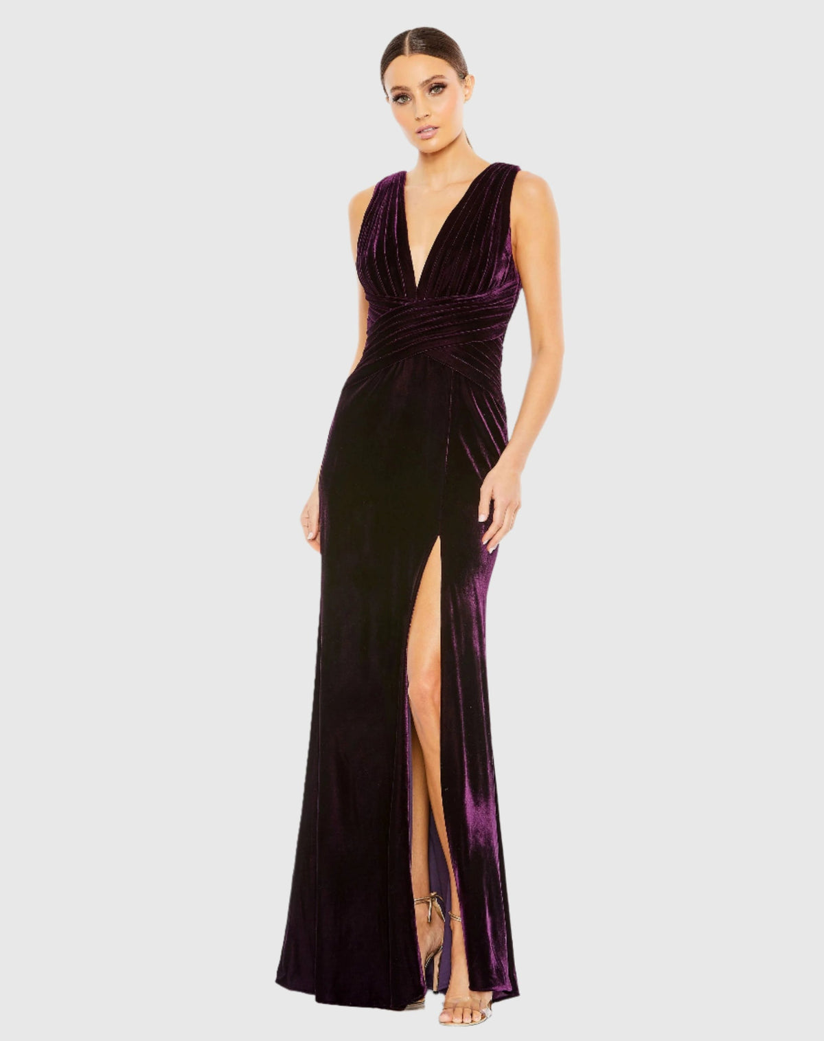 Mac Duggal #55957 Velvet Pleated Sleeveless Jersey Gown Ocean Amethyst