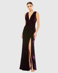 Mac Duggal #55957 Velvet Pleated Sleeveless Jersey Gown Ocean Amethyst