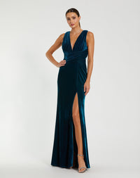 Mac Duggal #55957 Velvet Pleated Sleeveless Jersey Gown Ocean Blue Teal 