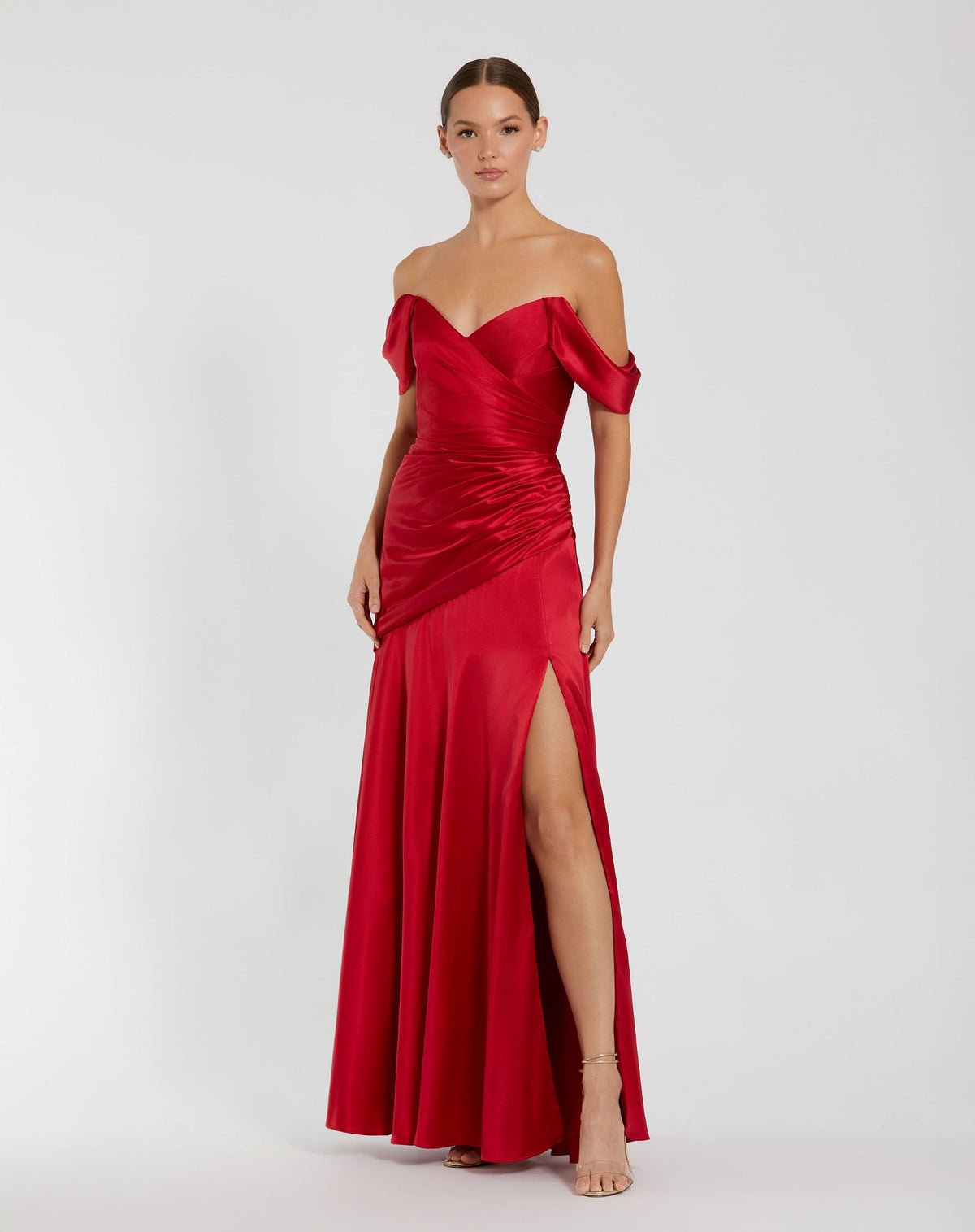 Mac Duggal #56037 Hard Satin Off The Shoulder Crossover Gown - Ruby 