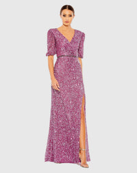 Mac Duggal #5610 Puff Sleeve Sequin Wrap Gown 