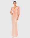 Mac Duggal #5614 Sequined Faux Wrap Puff Sleeve Gown, Peach