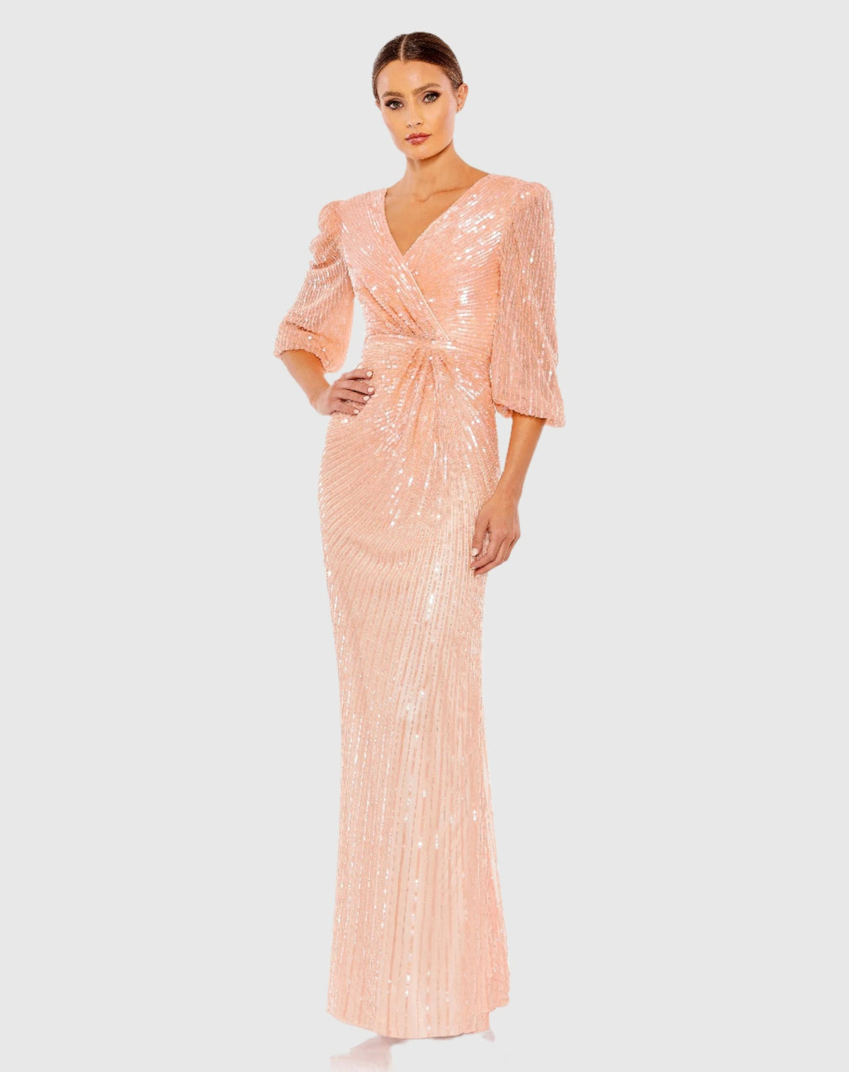 Mac Duggal #5614 Sequined Faux Wrap Puff Sleeve Gown, Peach