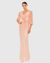 Mac Duggal #5614 Sequined Faux Wrap Puff Sleeve Gown, Peach
