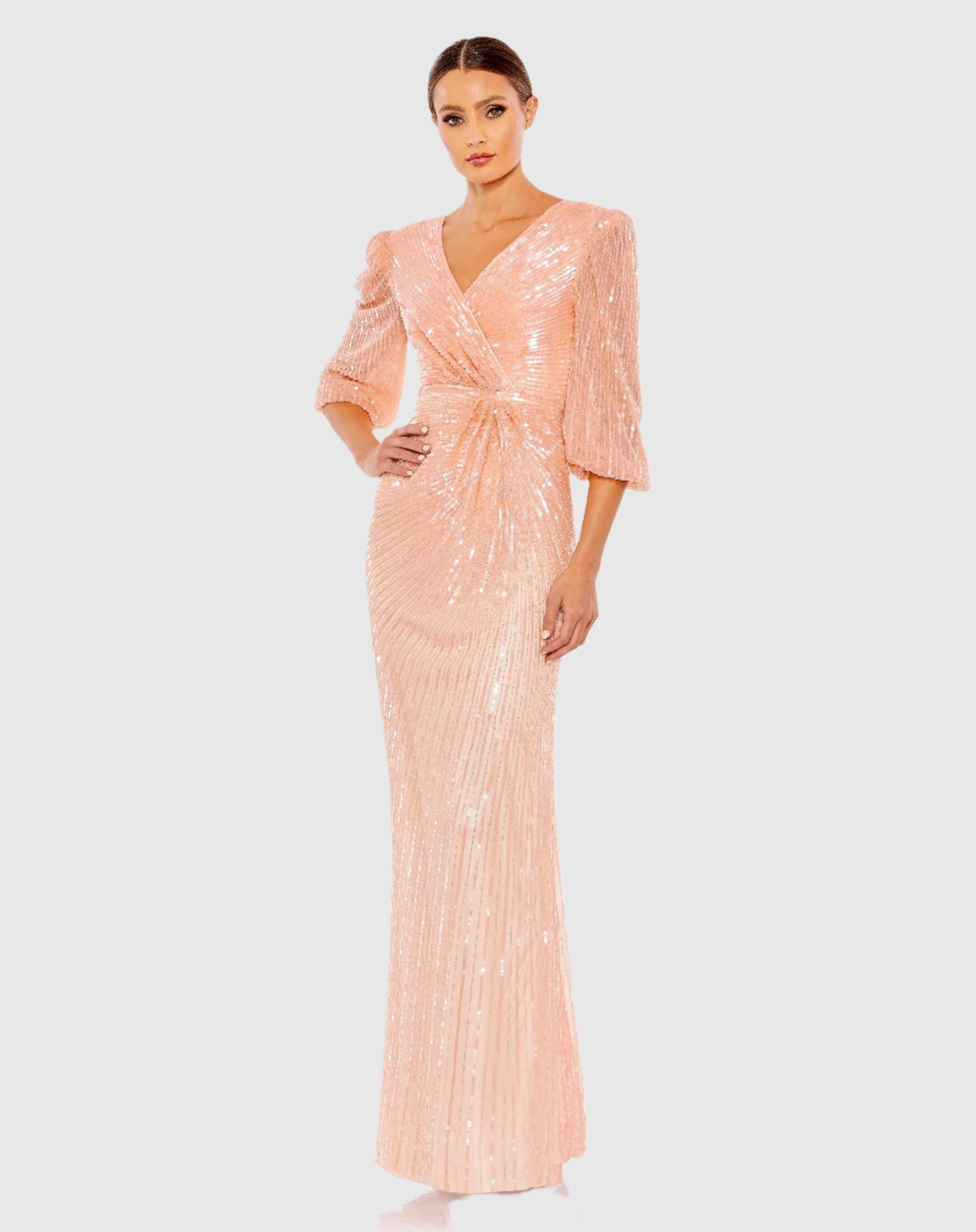 Mac Duggal #5614 Sequined Faux Wrap Puff Sleeve Gown, Peach