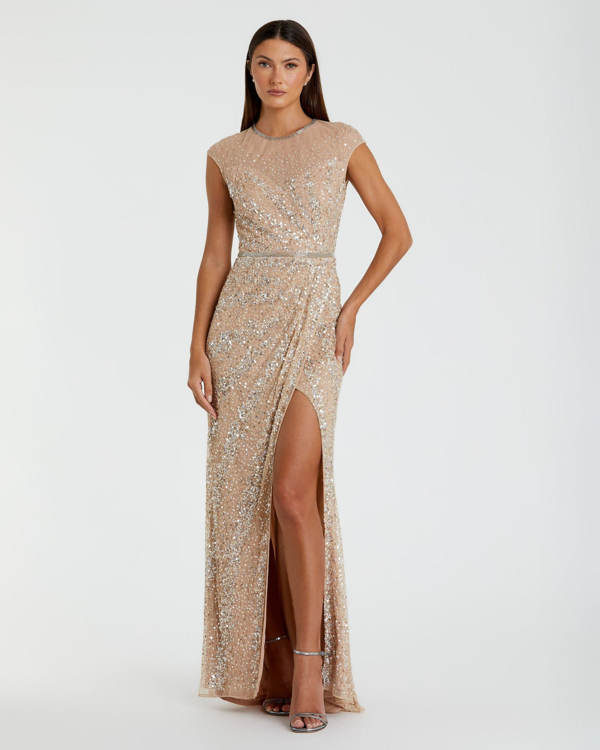 Mac Duggal #5619 Embellished Illusion High Neck Cap Sleeve Gown